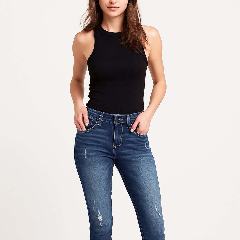 Democracy 14 Jeans Slim Distressed Stretch Women’s Mid Rise Ab Tech B1293BBXX